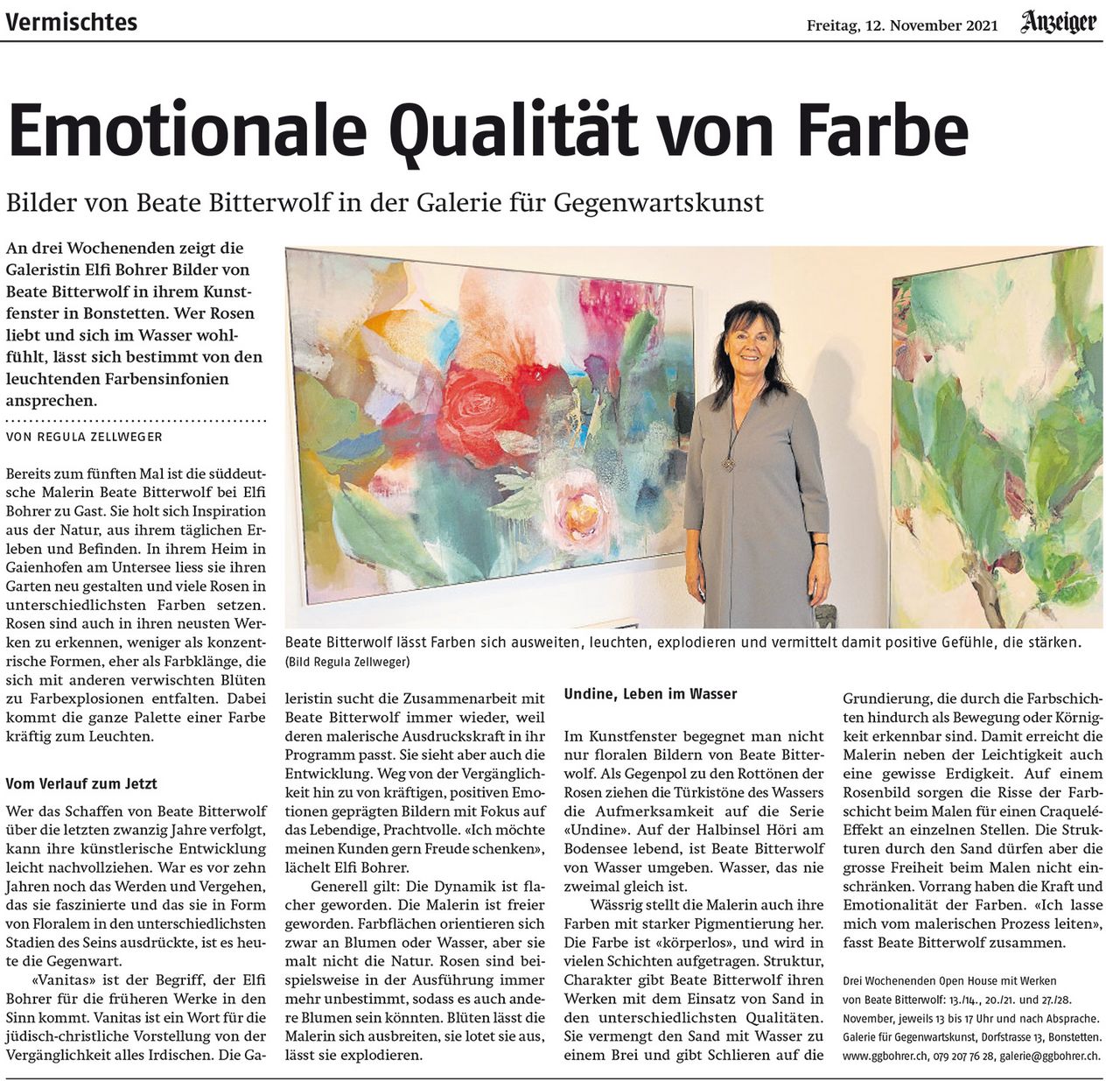 Ausschnitt eines Zeitungsartikel zur November-Ausstellung 2021 der Galerie Bohrer