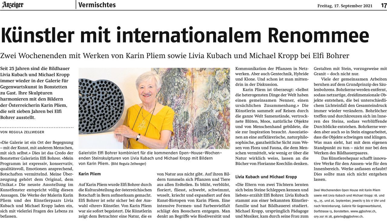 Ausschnitt eines Zeitungsartikel zur September-Ausstellung 2021 der Galerie Bohrer